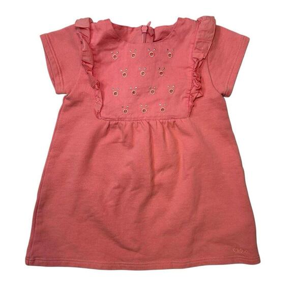 Chloe Other - Chloé Baby Girl Coral Pink Cotton Ruffle Dress Embroidered Sz 6 Months NWOT
